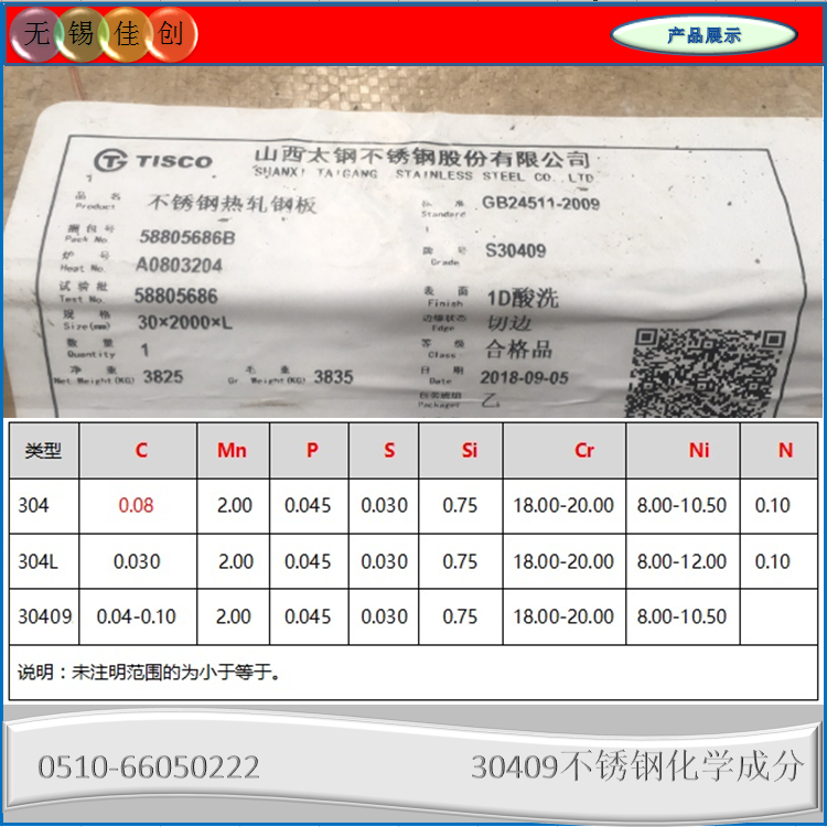 太鋼304H不銹鋼板S30409性能